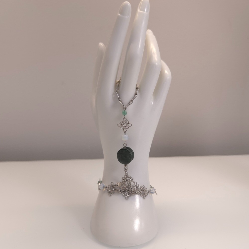 Handmade Chainmail‎ Slave Bracelet Green Agate Moon Stones Unique Boho Festival